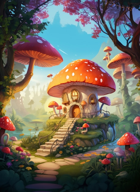 Photo gratuite rendu de la forêt de champignons de fantaisie des dessins animés