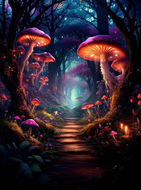 Rendu de la forêt de champignons de fantaisie des dessins animés