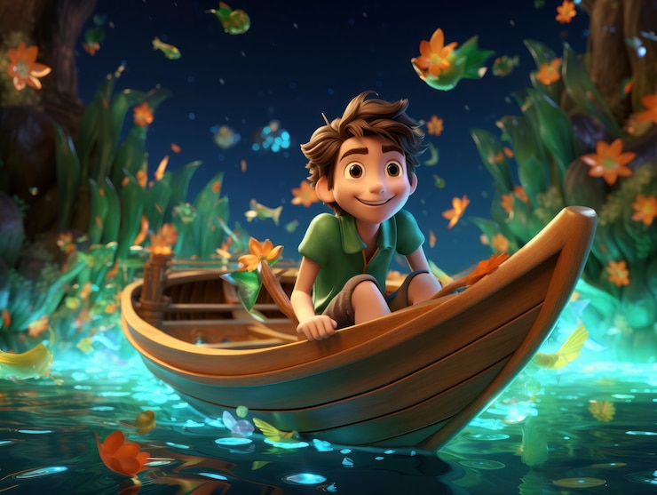 Photo gratuit rendu d'une scène de fantaisie de dessin animé avec un garçon