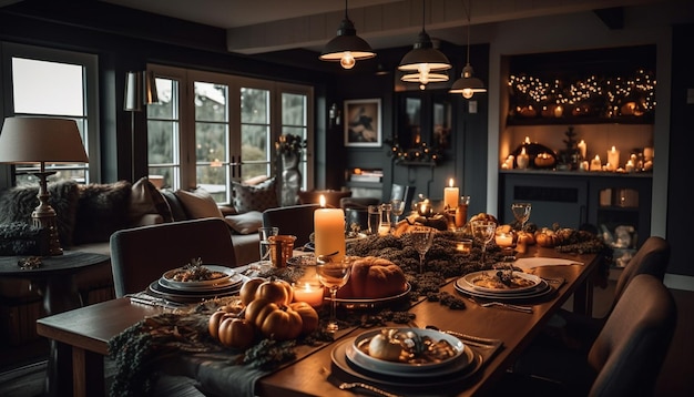 Repas d'automne aux chandelles dans une maison confortable générée par l'IA