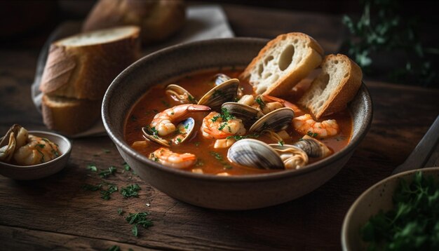 Photo gratuite repas de chaudrée de fruits de mer sains rafraîchissement maison bio généré par l'ia