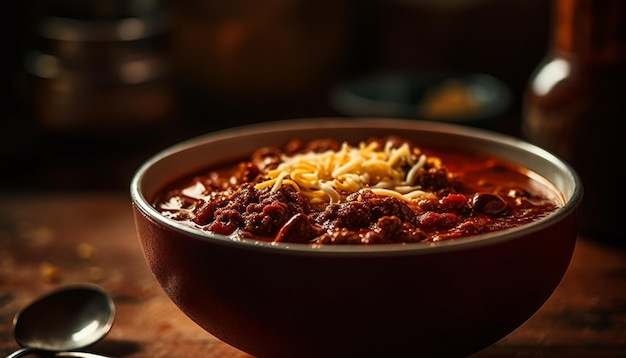 Photo gratuite repas fraîchement cuisiné dans un bol en bois rustique généré par l'ia