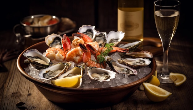 Photo gratuite repas de fruits de mer frais sur une assiette en bois rustique généré par l'ia