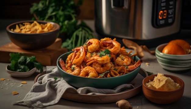 Repas de fruits de mer rustique servi sur table en bois généré par l'IA