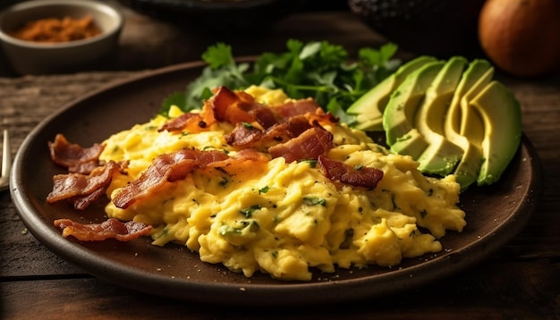 Repas gastronomique fraîchement préparé sur une assiette en bois rustique générée par l'IA