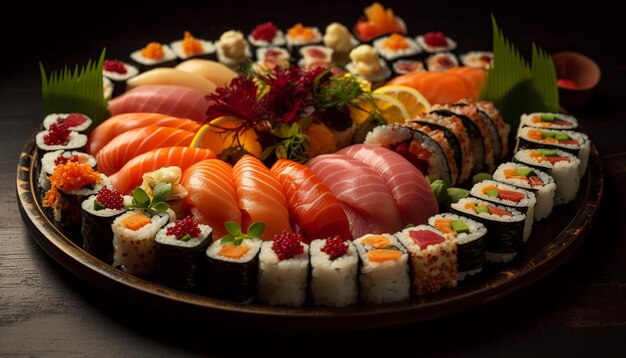 Repas gastronomique de fruits de mer sashimi maki sushi frais et assiette de nigiri générée par l'IA