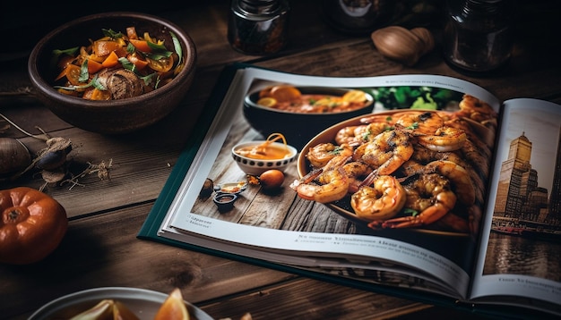 Photo gratuite repas gastronomique de fruits de mer sur une table en bois rustique généré par l'ia