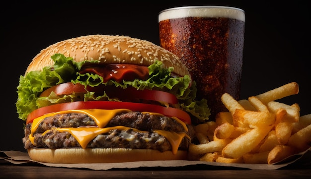 Repas de hamburger grillé avec frites et fromage AI génératif