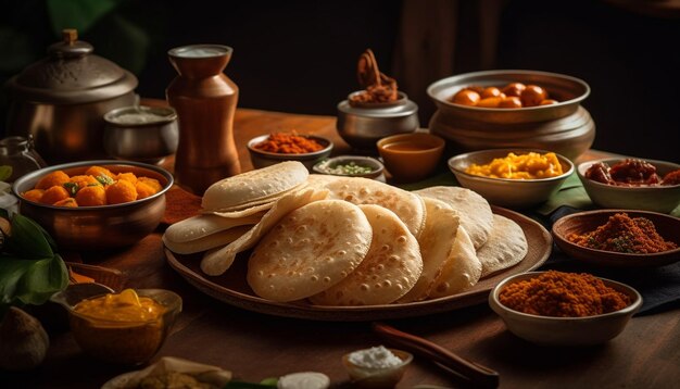 Repas indien frais sur une assiette de vaisselle en bois générée par l'IA