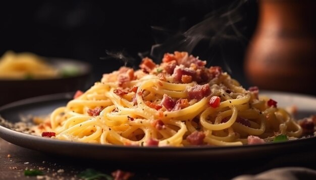 Repas de pâtes maison avec du parmesan et du bacon généré par l'IA