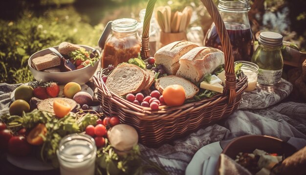 Repas pique-nique rustique avec viande grillée et vin généré par l'IA