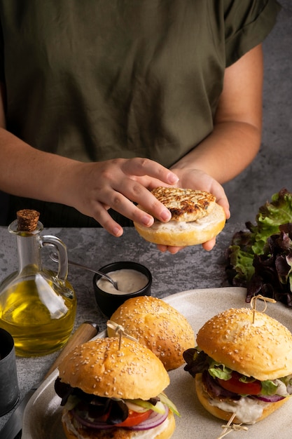 Repas riche en protéines de hamburgers close up detail