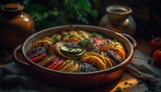 Repas végétarien frais cuit sur une table en bois rustique généré par l'IA