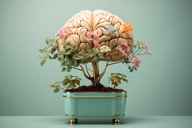 Représentation du cerveau humain sous forme de plante ou d'arbre en pot