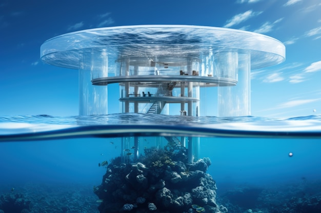 Représentation futuriste de l'architecture de la maison sur l'eau