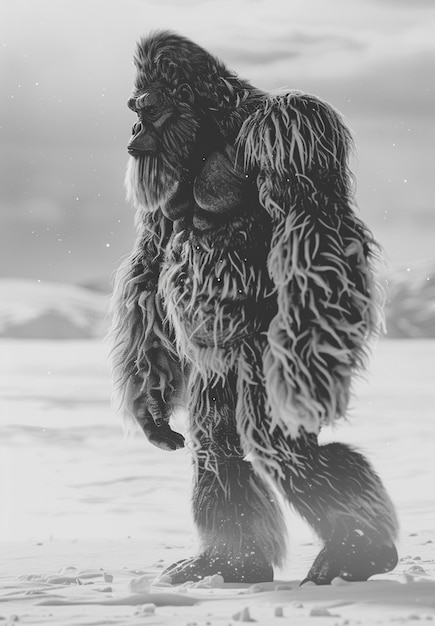 Photo gratuite représentation monochrome d'une bête poilue ou d'un sasquatch