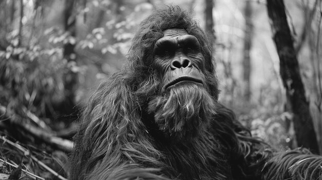 Représentation en noir et blanc d'une bête poilue Sasquatch