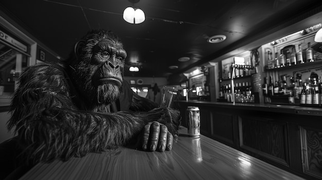 Représentation en noir et blanc d'une bête poilue Sasquatch