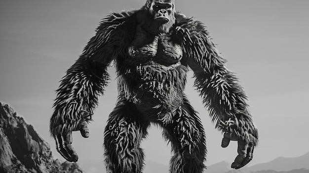 Représentation en noir et blanc d'une bête poilue Sasquatch