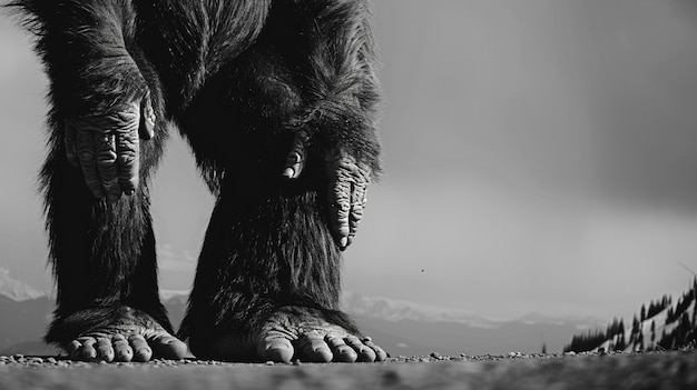 Photo gratuite représentation en noir et blanc d'une bête poilue sasquatch