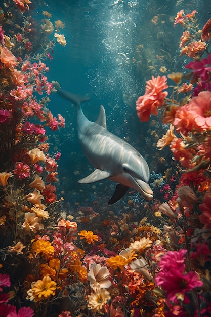 Une représentation surréaliste d'un dauphin parmi des fleurs.