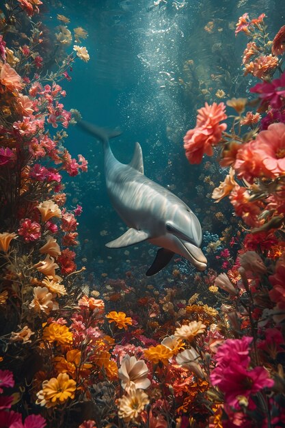 Une représentation surréaliste d'un dauphin parmi des fleurs.