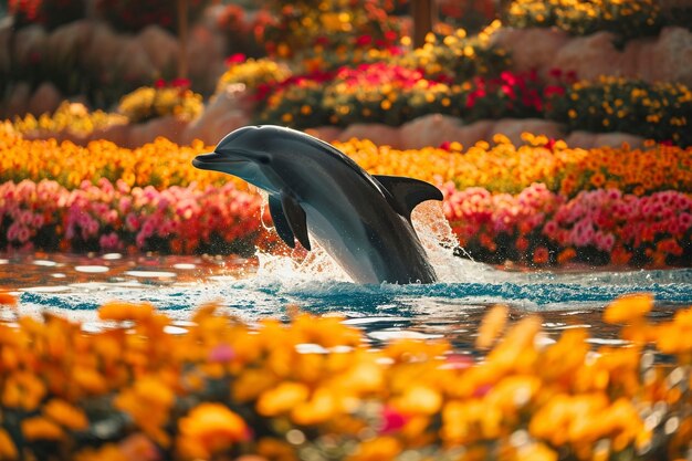 Une représentation surréaliste d'un dauphin parmi des fleurs.