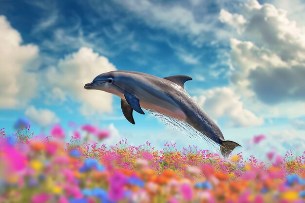 Une représentation surréaliste d'un dauphin parmi des fleurs.