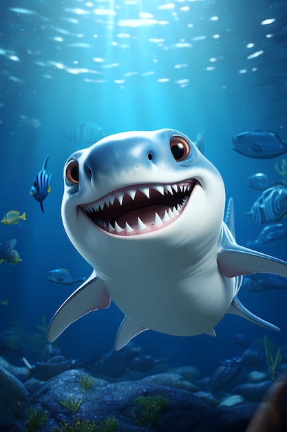 Requin de dessin animé 3D sous l'eau