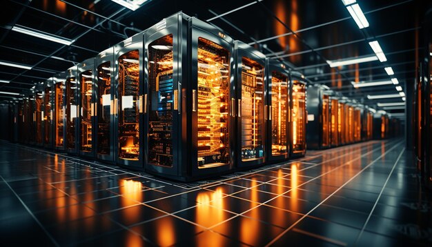 Un réseau informatique futuriste alimente les communications mondiales à l'intérieur d'une usine moderne générées par l'intelligence artificielle