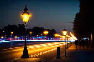 Photo gratuite un réverbère dans une rue avec les lumières allumées.