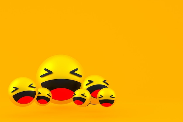 Rire icône facebook réactions emoji rendu 3d, symbole de ballon de médias sociaux sur fond jaune