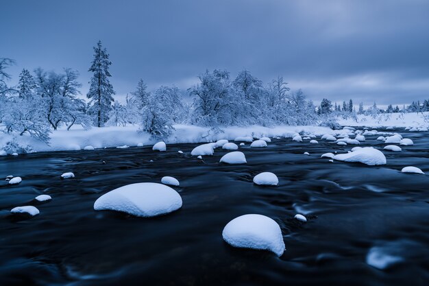 Rivière avec de la neige et une forêt près de couvert de neige en hiver en Suède