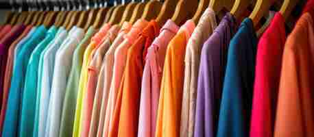 Photo gratuite des robes colorées pour femmes sur des cintres présentant un concept de mode et de shopping dans un magasin de détail