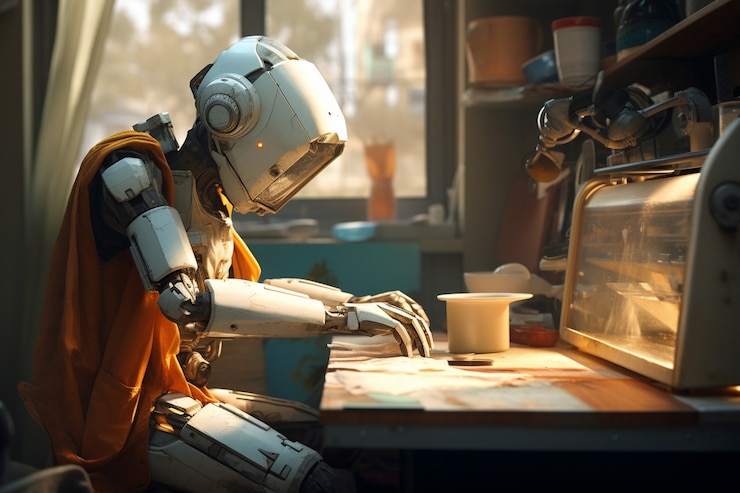 Photo gratuit un robot anthropomorphe effectuant un travail humain régulier dans le futur