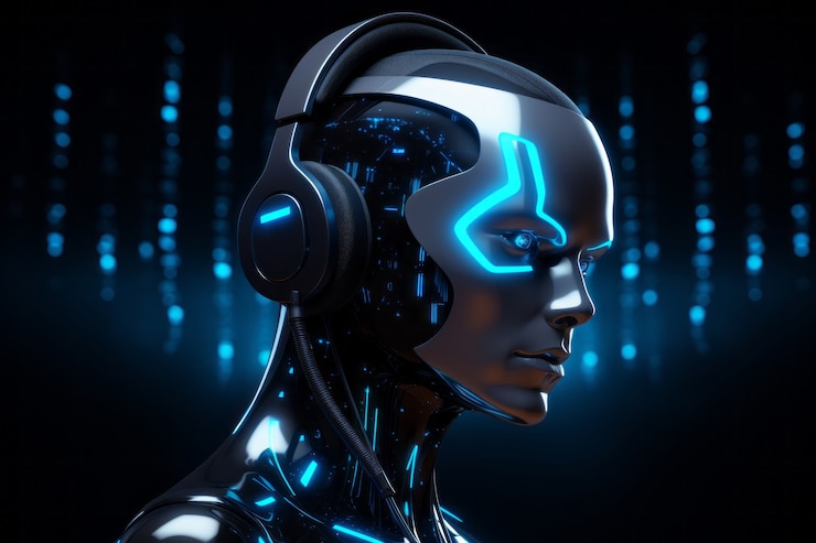 Photo gratuit un robot futuriste écoutant de la musique avec des écouteurs.