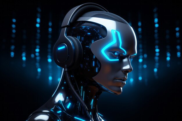 Un robot futuriste écoutant de la musique avec des écouteurs.