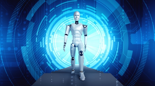 Robot humanoïde de rendu 3d dans un monde fantastique de science-fiction