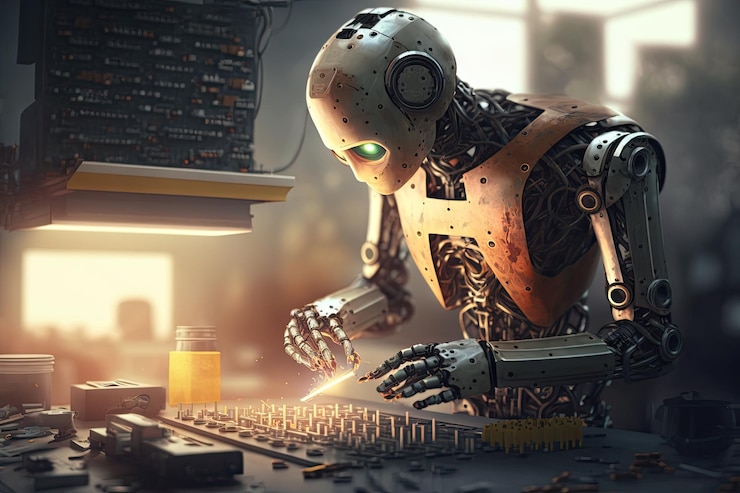 Photo gratuit robot humanoïde travaillant avec une machine dans une usine ai générative