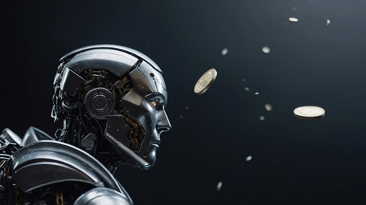 Photo gratuit robot technologique avancé interagissant avec l'argent et la finance