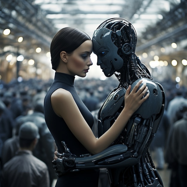 Photo gratuite robot à tir moyen et femme embrassant