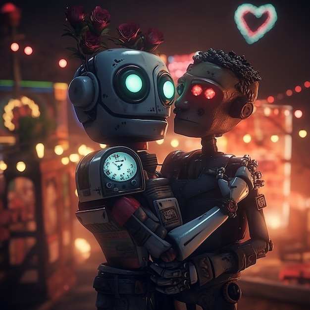 Photo gratuite robots à plan moyen embrassant un monde fantastique