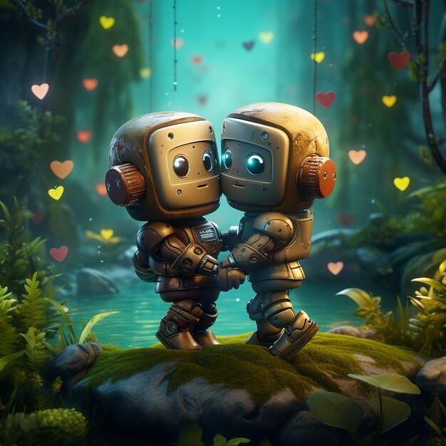 Des robots plein écran embrassant un monde fantastique