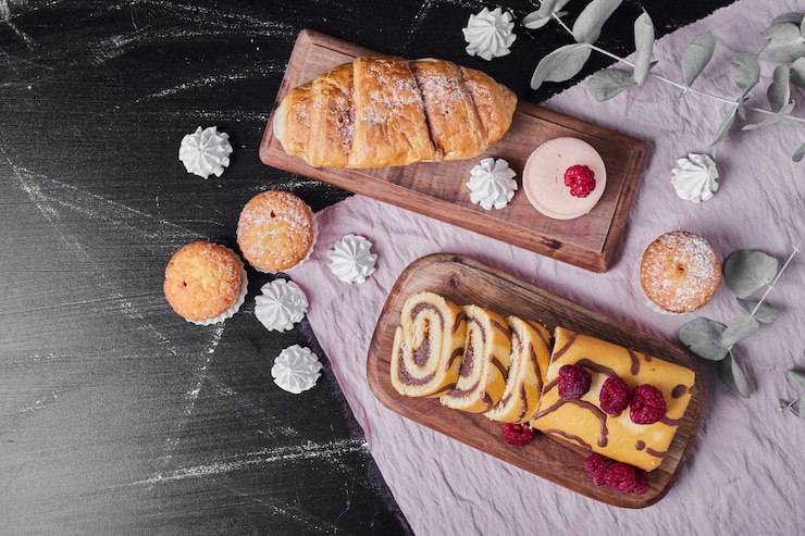 Photo gratuit rollcake aux framboises sur un plateau avec des muffins.