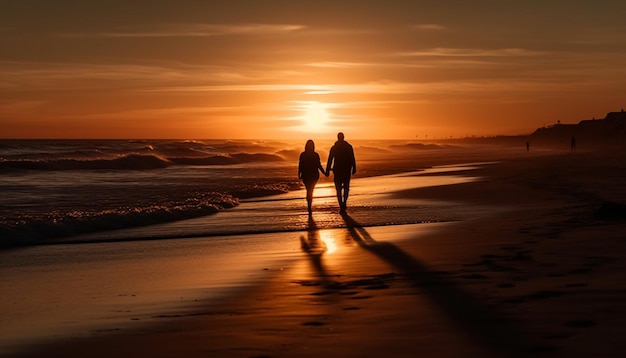 Romance au coucher du soleil deux personnes s'embrassant sur la plage générée par l'IA