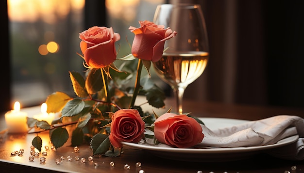 Photo gratuite la romance fleurit sur la table, l'amour est célébré avec du vin et des fleurs générées par l'intelligence artificielle.