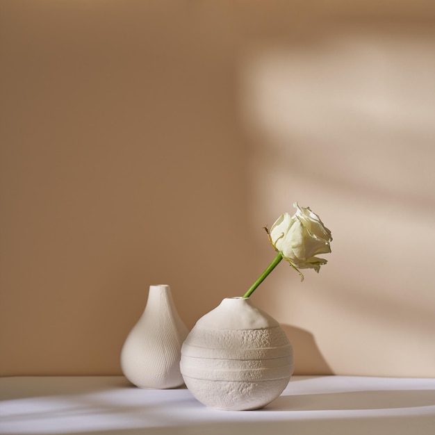 Rose blanche dans un vase en céramique contre un mur beige