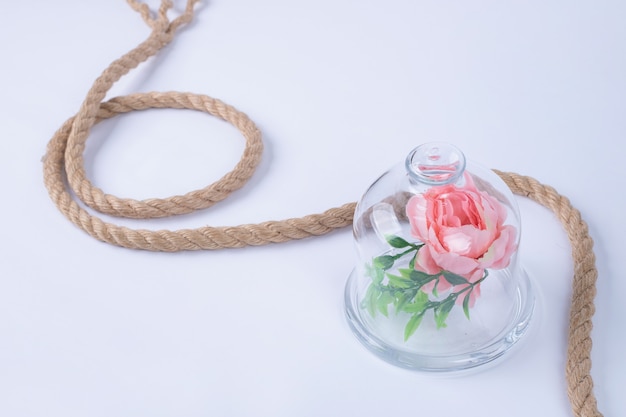 Rose dans une tasse en verre avec une corde sur une surface blanche.