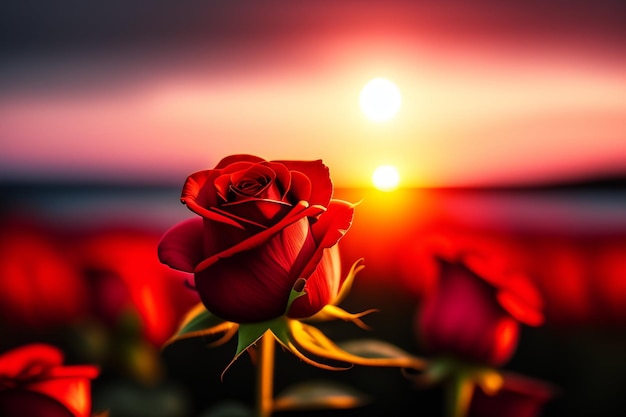 Photo gratuite une rose rouge est à l'arrière-plan du coucher du soleil.