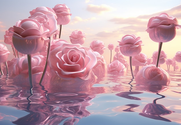 Photo gratuite des roses 3d avec de l'eau